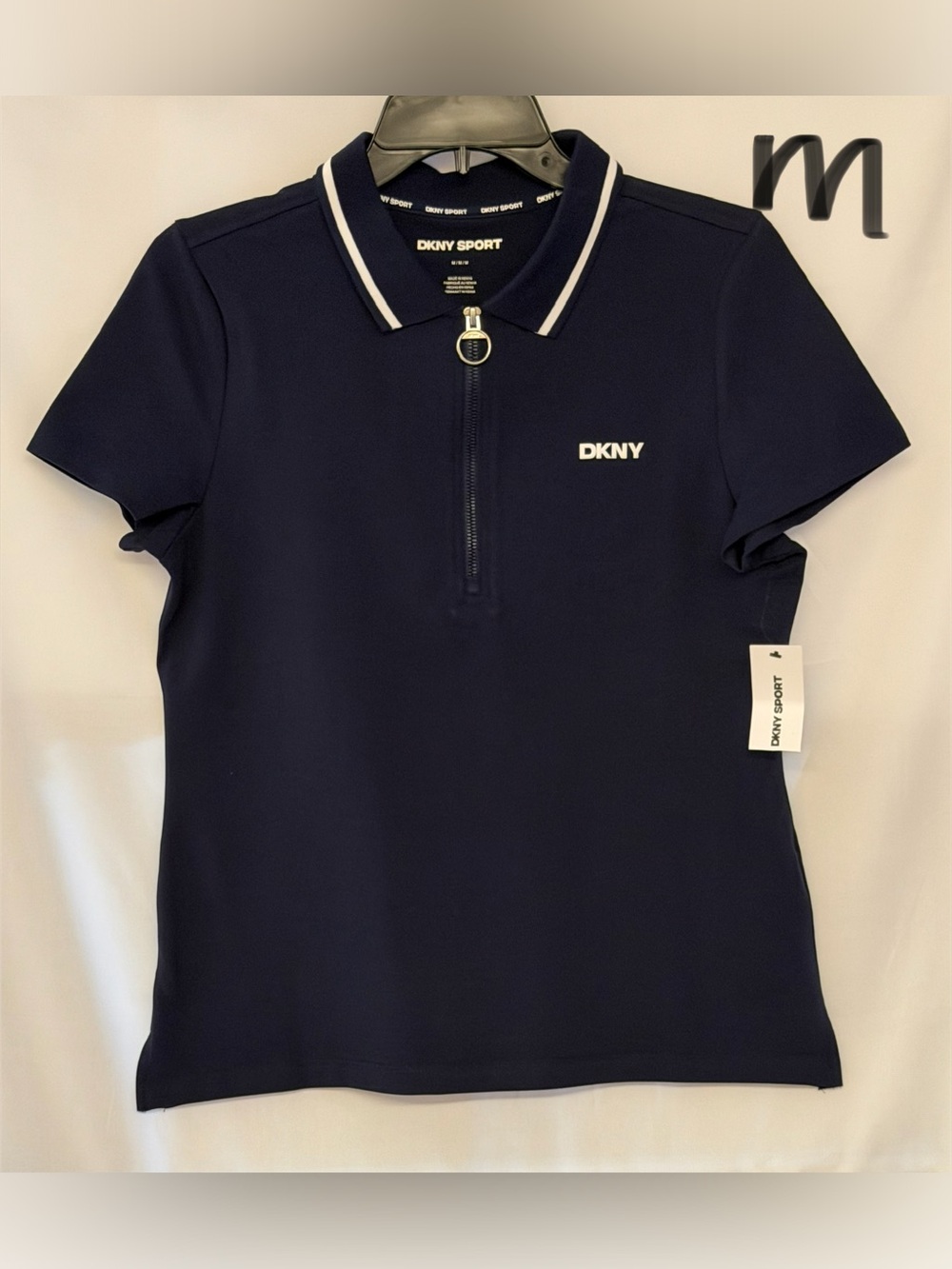 DKNY Navy Short-Sleeve Polo Zip Top with White Trim and Logo